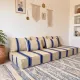 Royal blue striped floor cushion – Hanbel in handwoven ivory wool