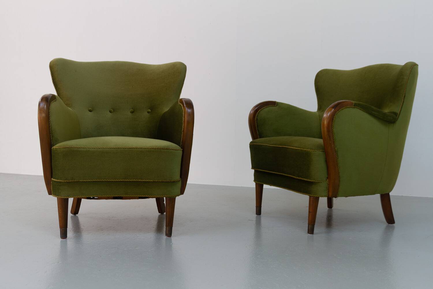 Danish art deco green velvet lounge chairs, 1940s. set of 2