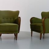 Danish art deco green velvet lounge chairs, 1940s. set of 2