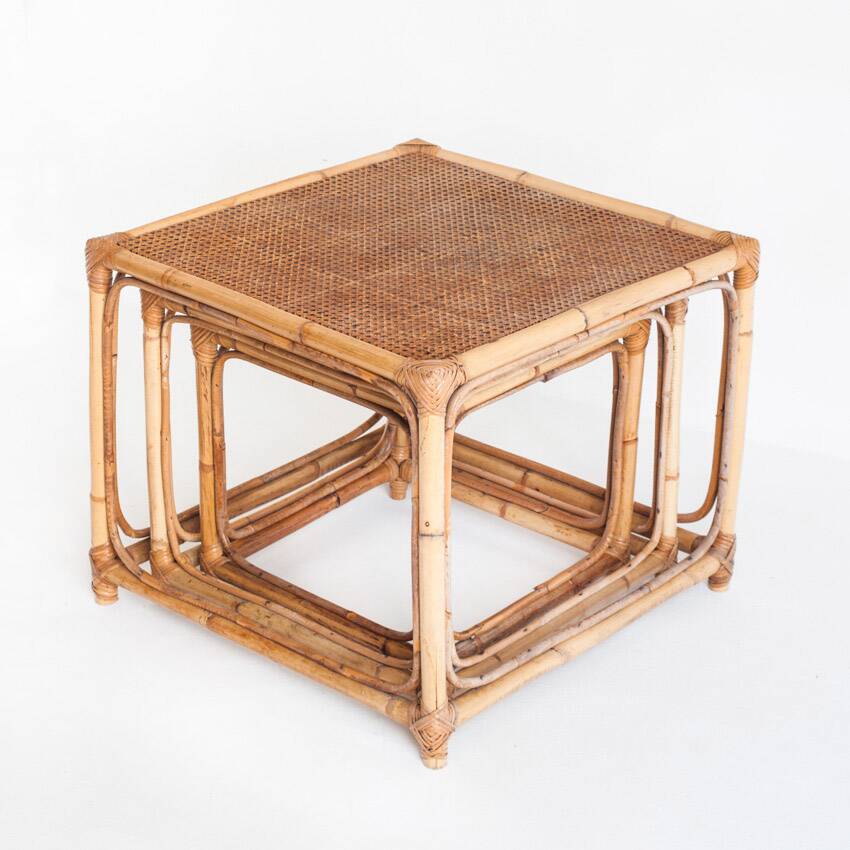 Set of three vintage nesting tables in cane. France, 1960s