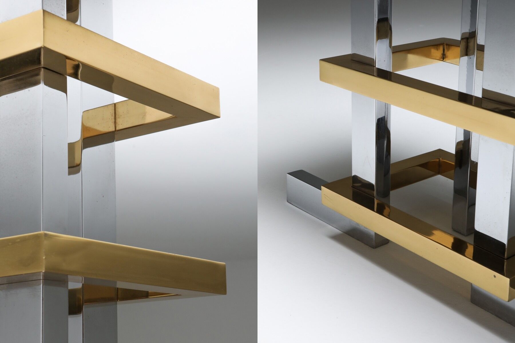 Brass and chrome console with 1970 Duchise glass tray