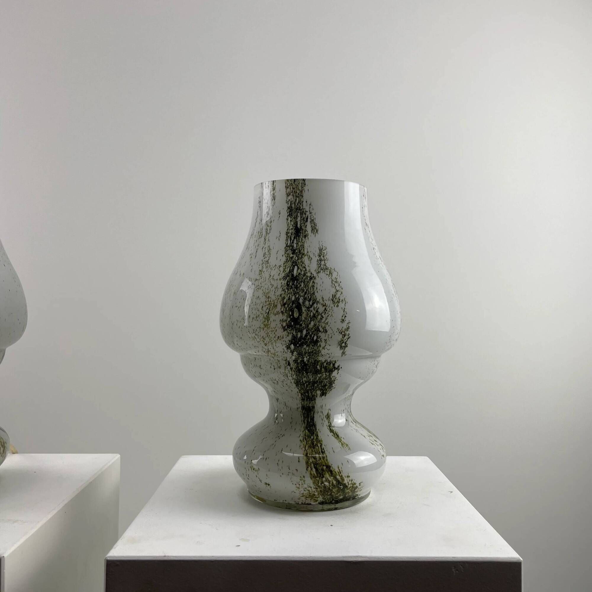 Pair of mushroom table lamps in white and green glass by Doria Leuchten, 1970.