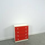 Vintage ladekast met rood roze kunststof lades 1970