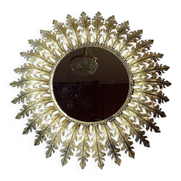 Grand miroir soleil mural Italien en métal doré, années 60-70