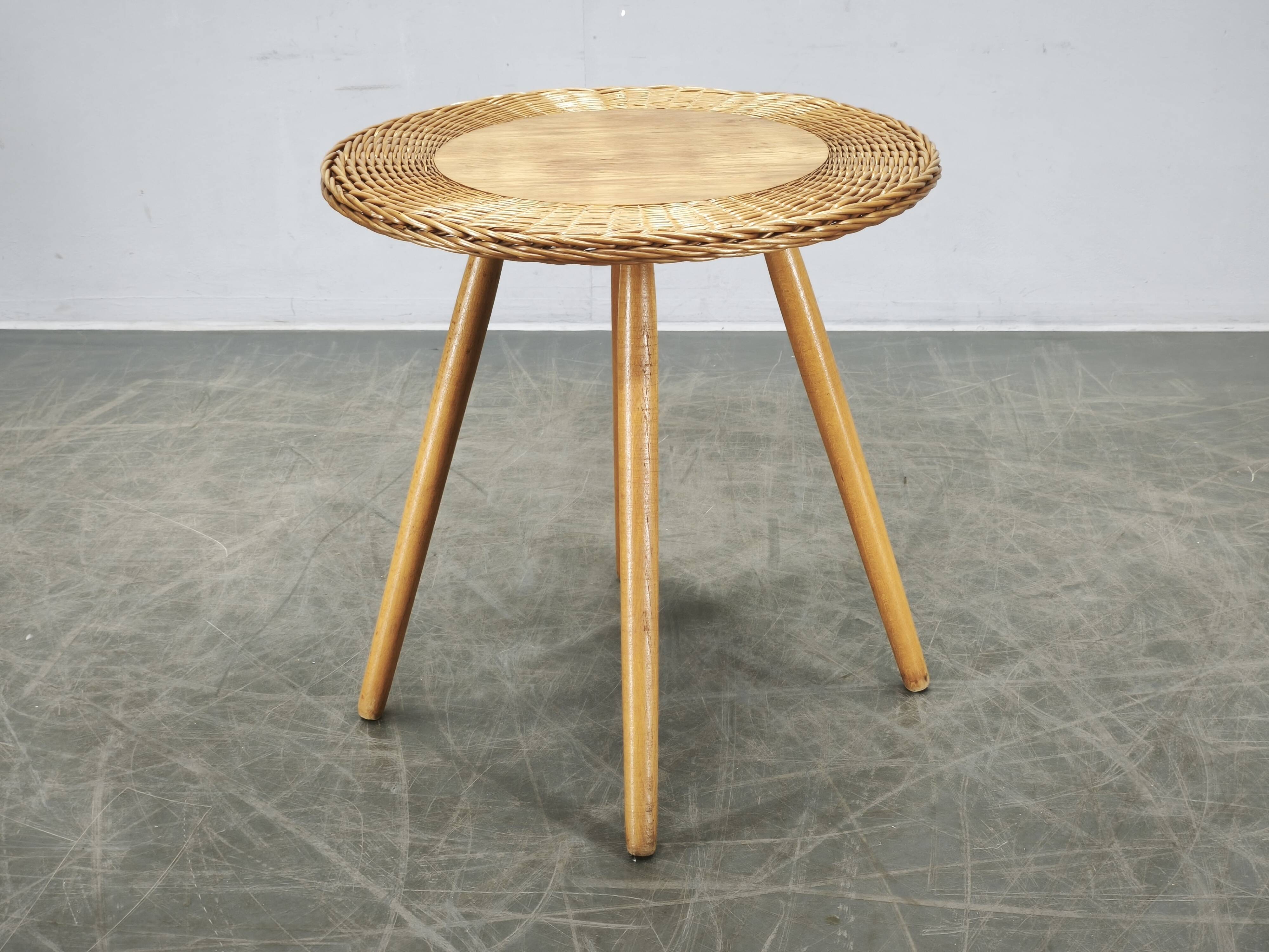 Jan Kalous Rattan and Beech Side Table, Czechoslovakia, 1970s