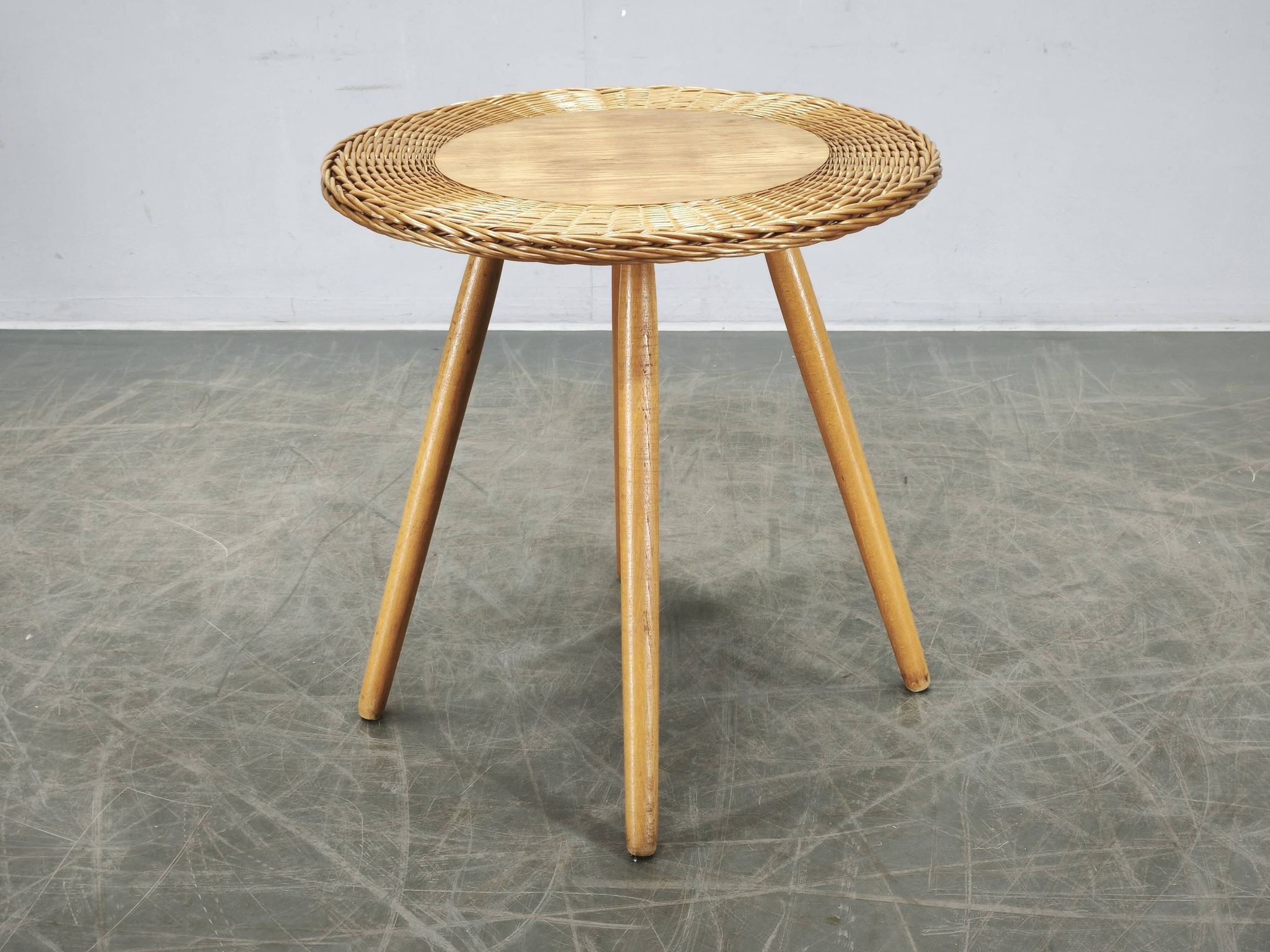 Jan Kalous Rattan and Beech Side Table, Czechoslovakia, 1970s