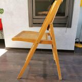 Vintage wooden folding chair with 1970 rattan seat and back