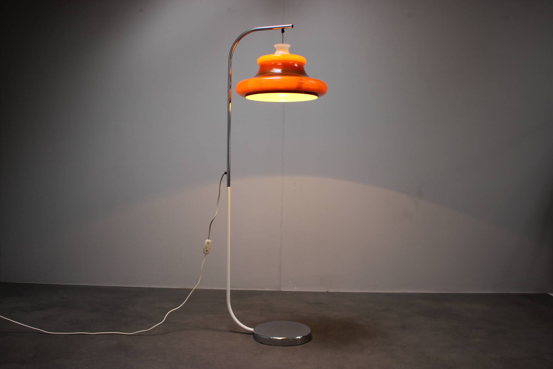 1970s Hungarian space age floor lamp in orange plastic and chrome.