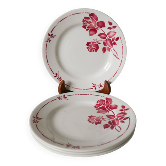 Set of 4 dessert plates pink flowers Moulin des loups and Hamage 1940