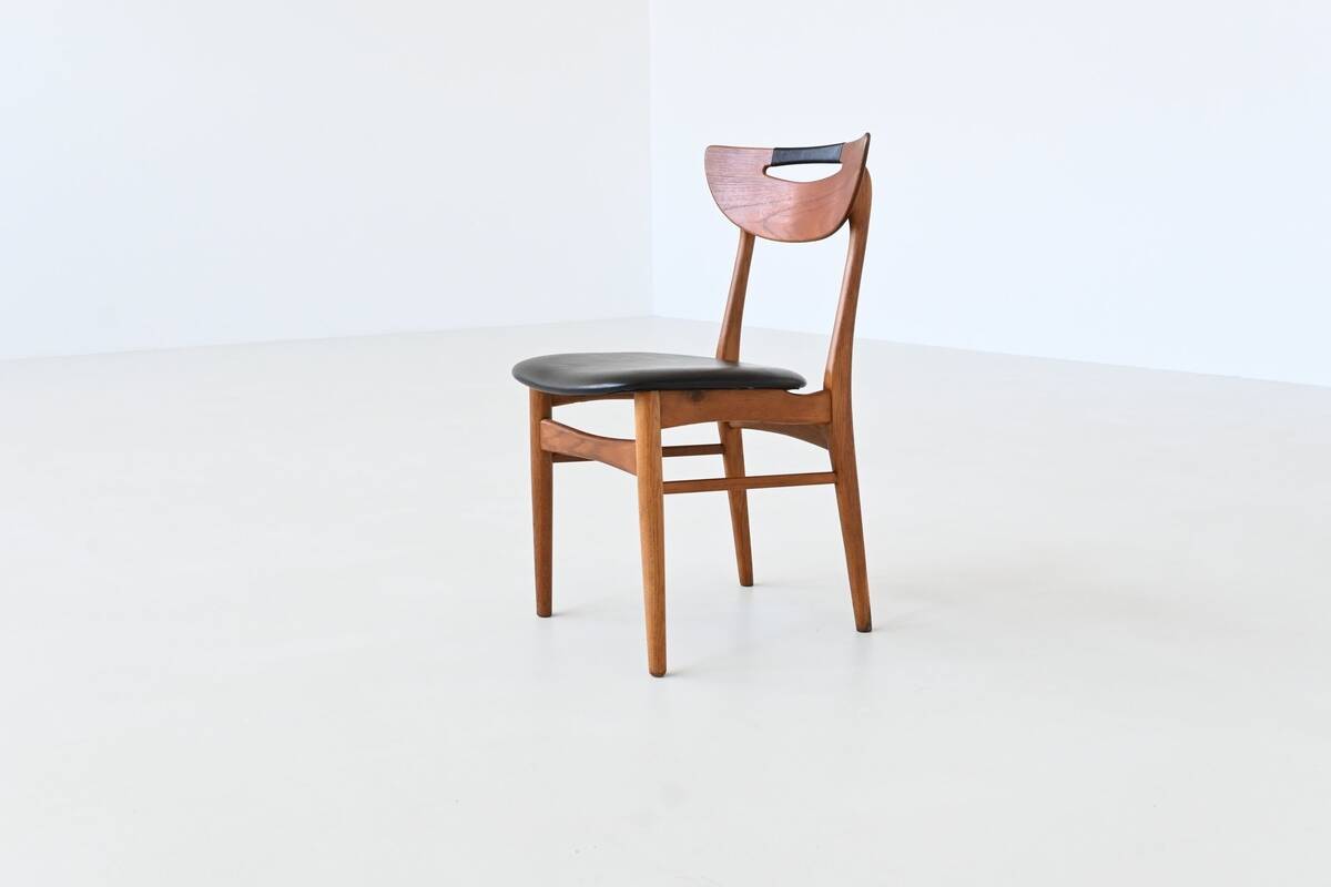 Set of six Danish dining chairs in teak and faux leather Denmark 1960