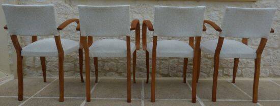 Chic 1950s bridge chairs in solid wood, white and beige, hand-stitched.