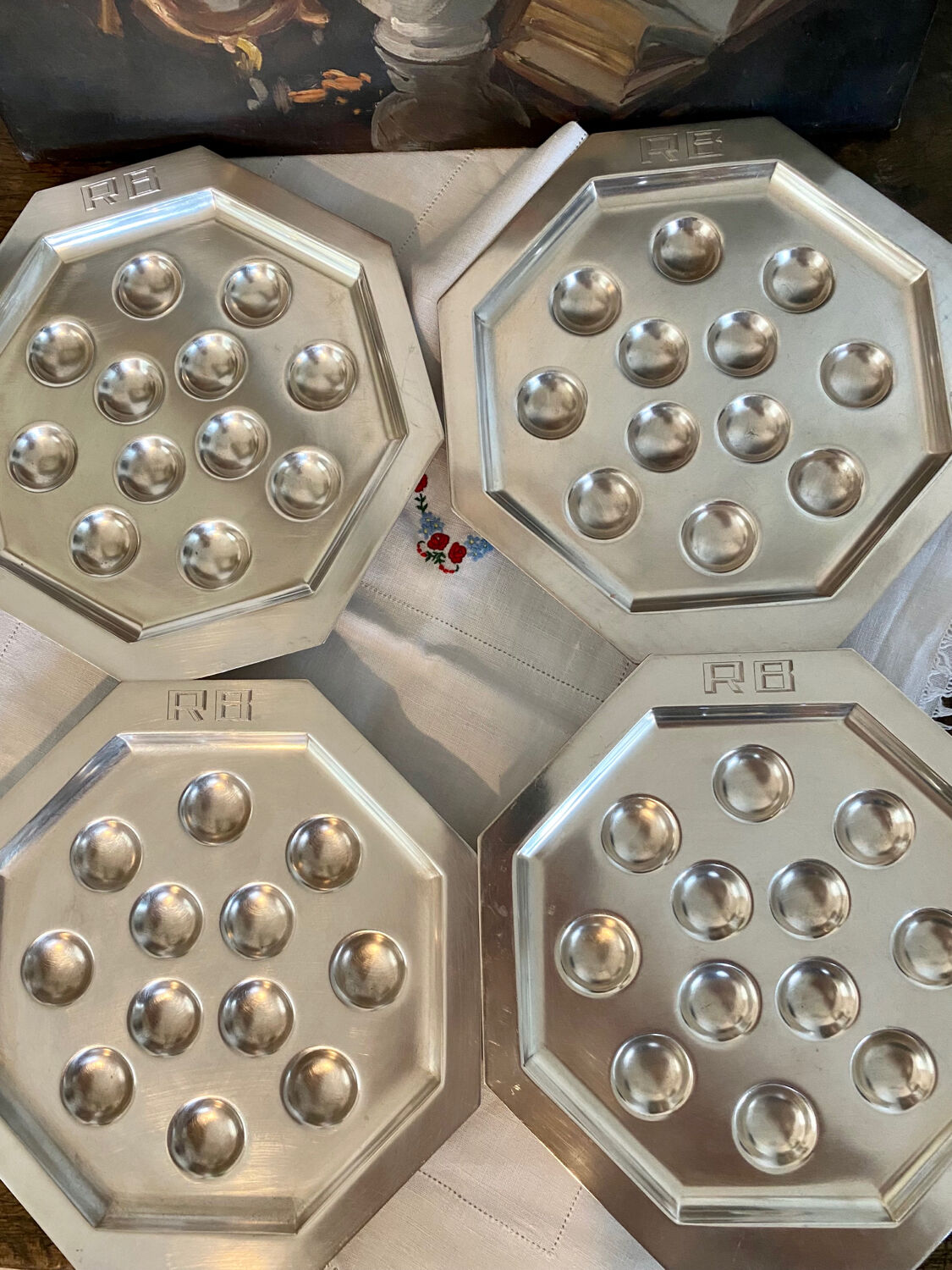 Vintage silver plated snail dishes, engraved silver serving trays.