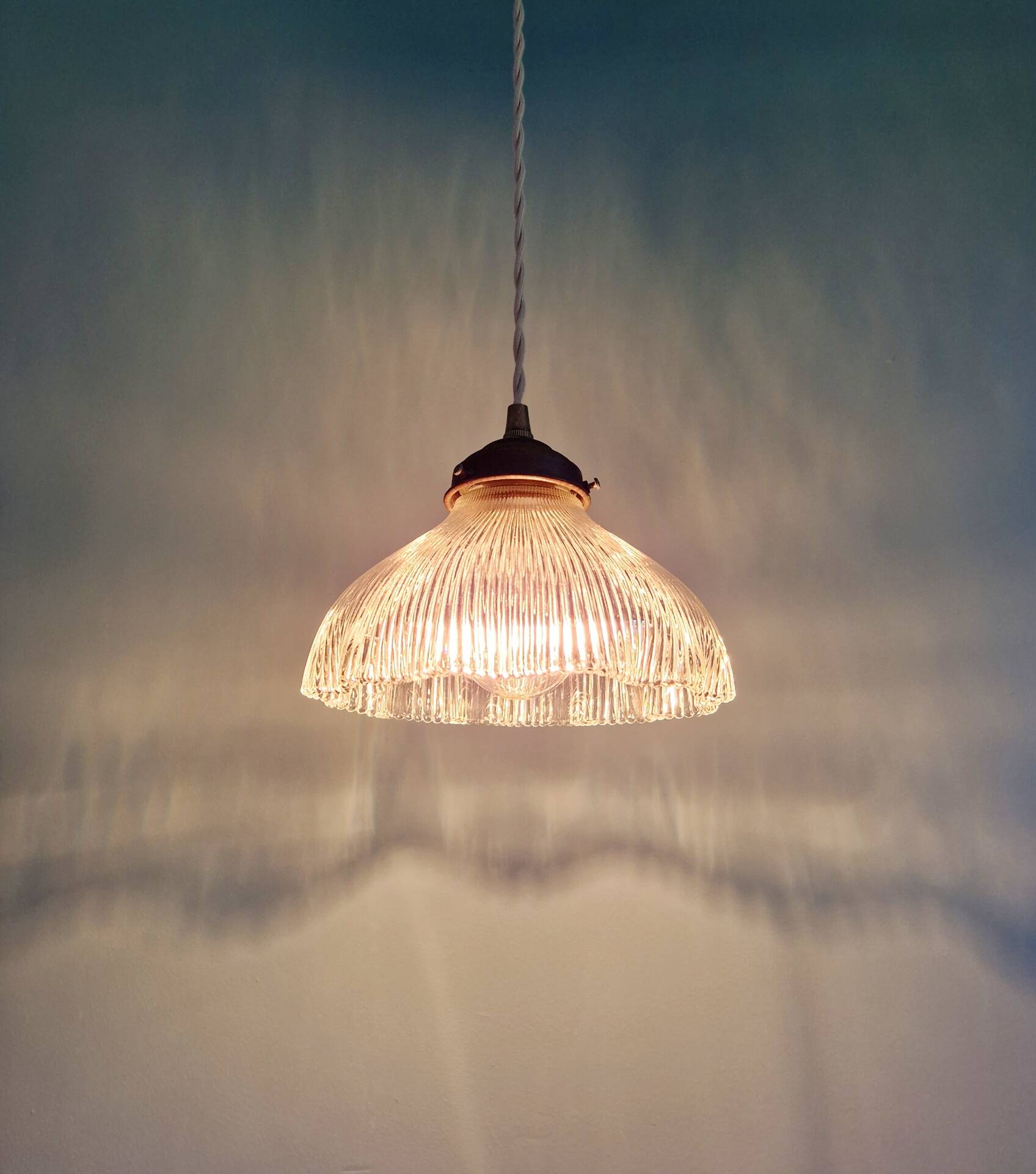 Art Deco ribbed glass suspension, Holophane, 1920-30