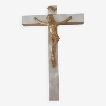 Crucifix croix de jésus en bois et nacre vintage