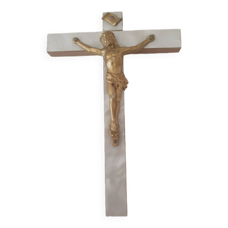Crucifix croix de jésus en bois et nacre vintage