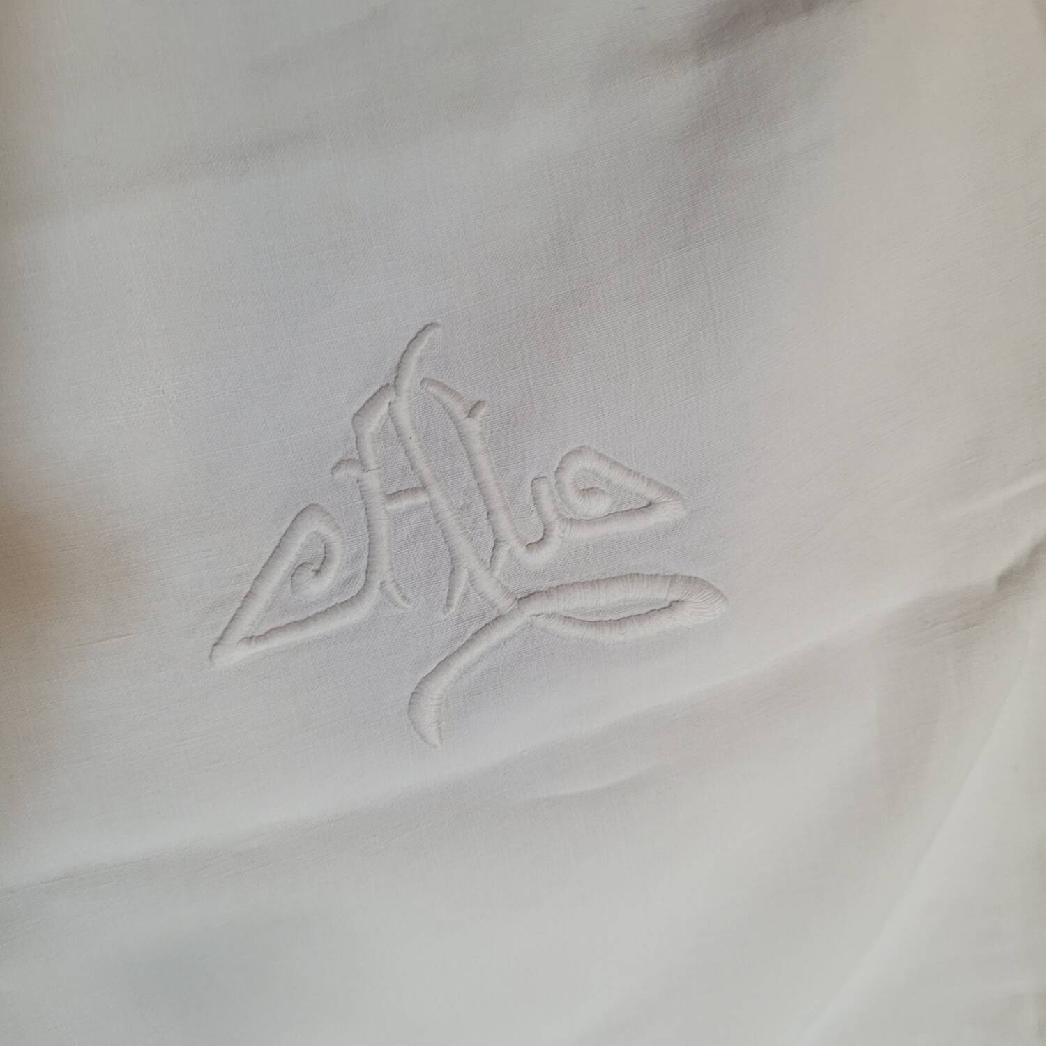 Large Monogrammed Pillowcase – Pure Cotton & Relief Embroidery – Early 20th Century