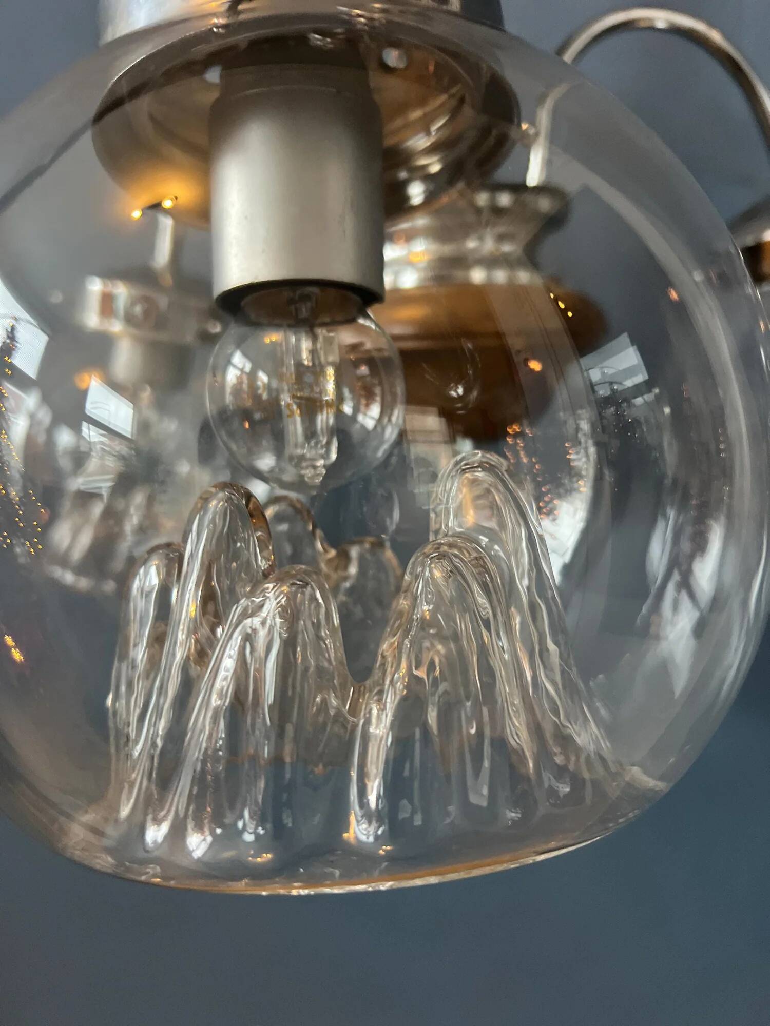 Vintage clear glass Murano chandelier with chrome frame