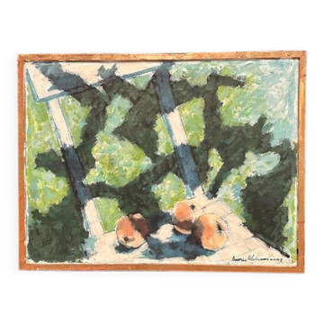 Original Swedish Oil on Canvas – “Peaches on Chair” by Sune Alehammar – Signed – Vintage & Framed – 48 × 63 cm (18.9" × 24.8")