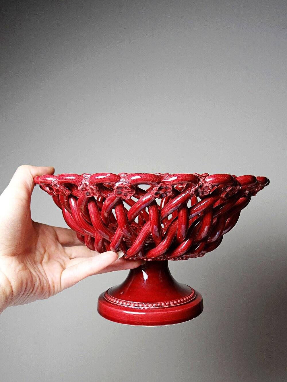 Small vintage 1970s-90s openwork braided red ceramic bowl by Pichon Uzès