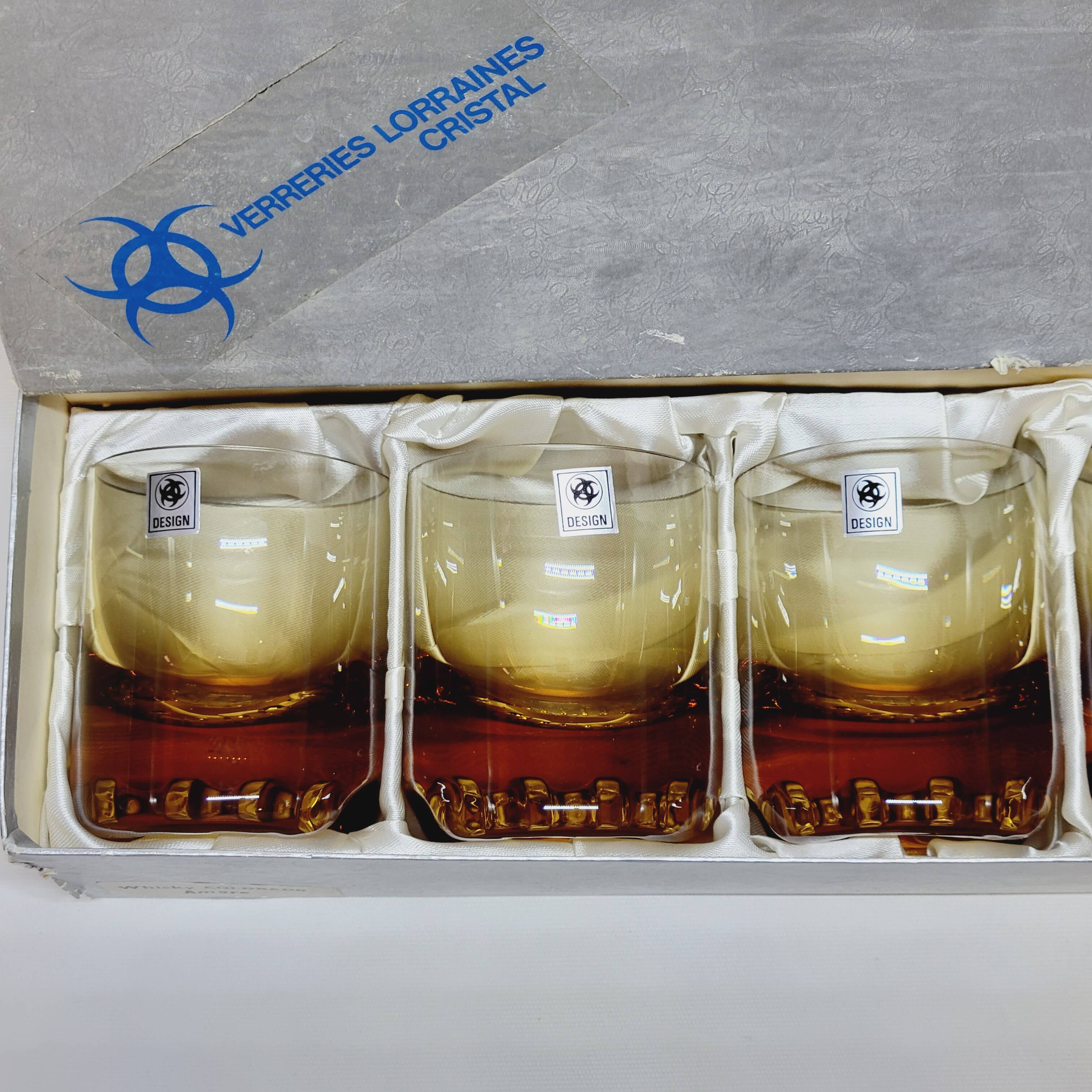 Verreries lorraines cristal set of 6 thick amber whiskey glasses vintage design