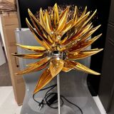 Aloe Blossom table lamp, designed by Jeremy Cole, bone china in gold with stainless steel frame and glass diffuser