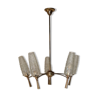 5-pointed brass chandelier with chiseled tulips, 1950, vintage
