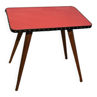 Table basse, rouge, pieds compas, vintage, années 50