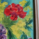 Vintage oil painting on wood pattern vase of flowers still life signed