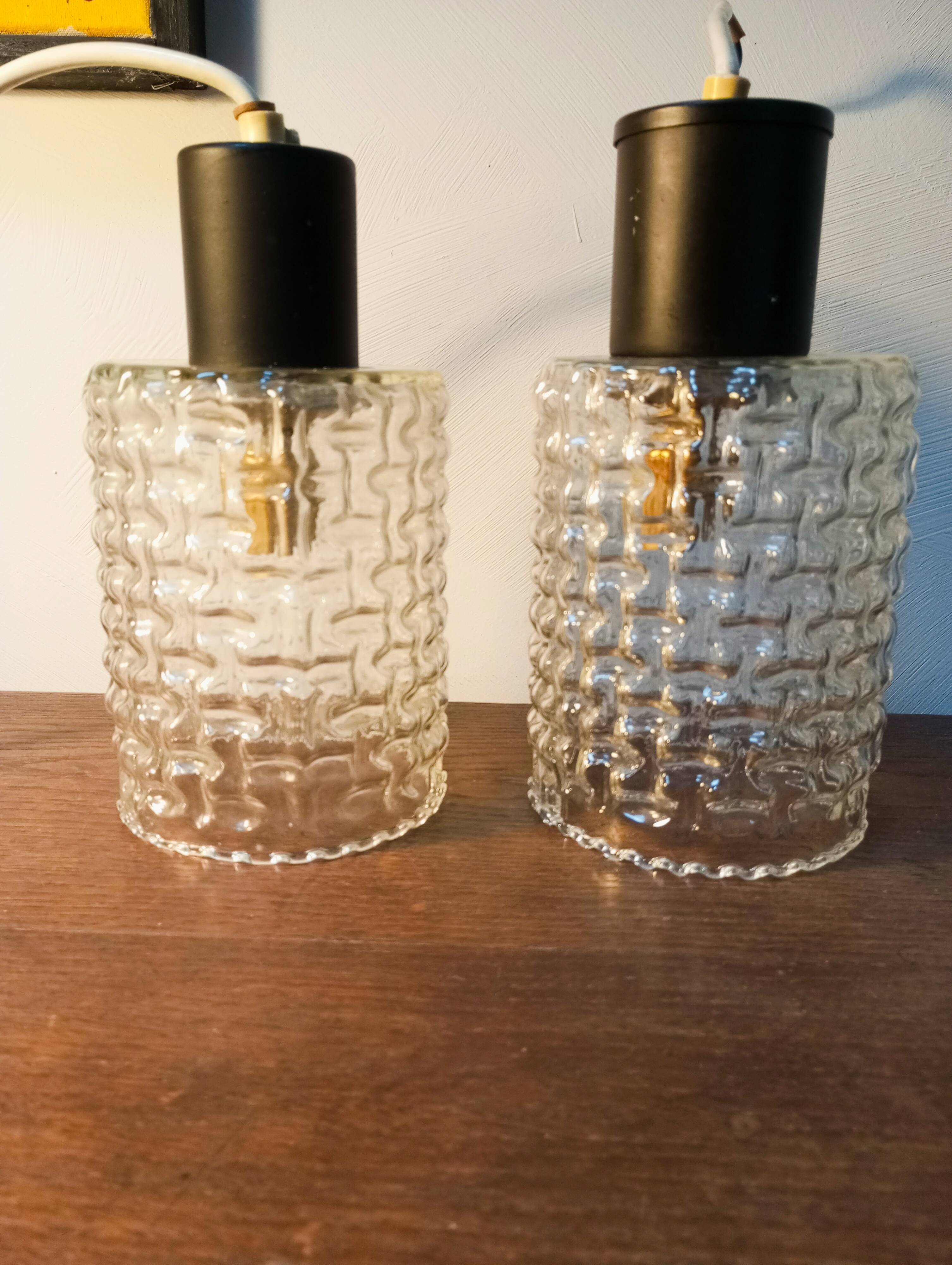 Pair of hanging lamps, glass and metal portable lamps