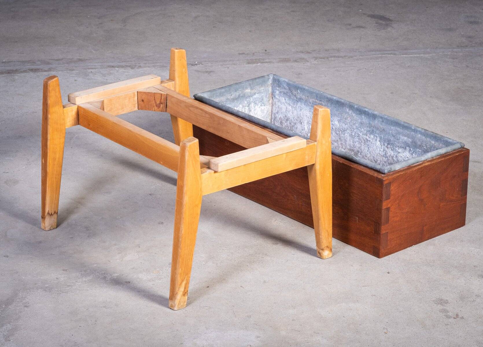 Teak and Beech Planter with Zinc Coating, Denmark, 1950s