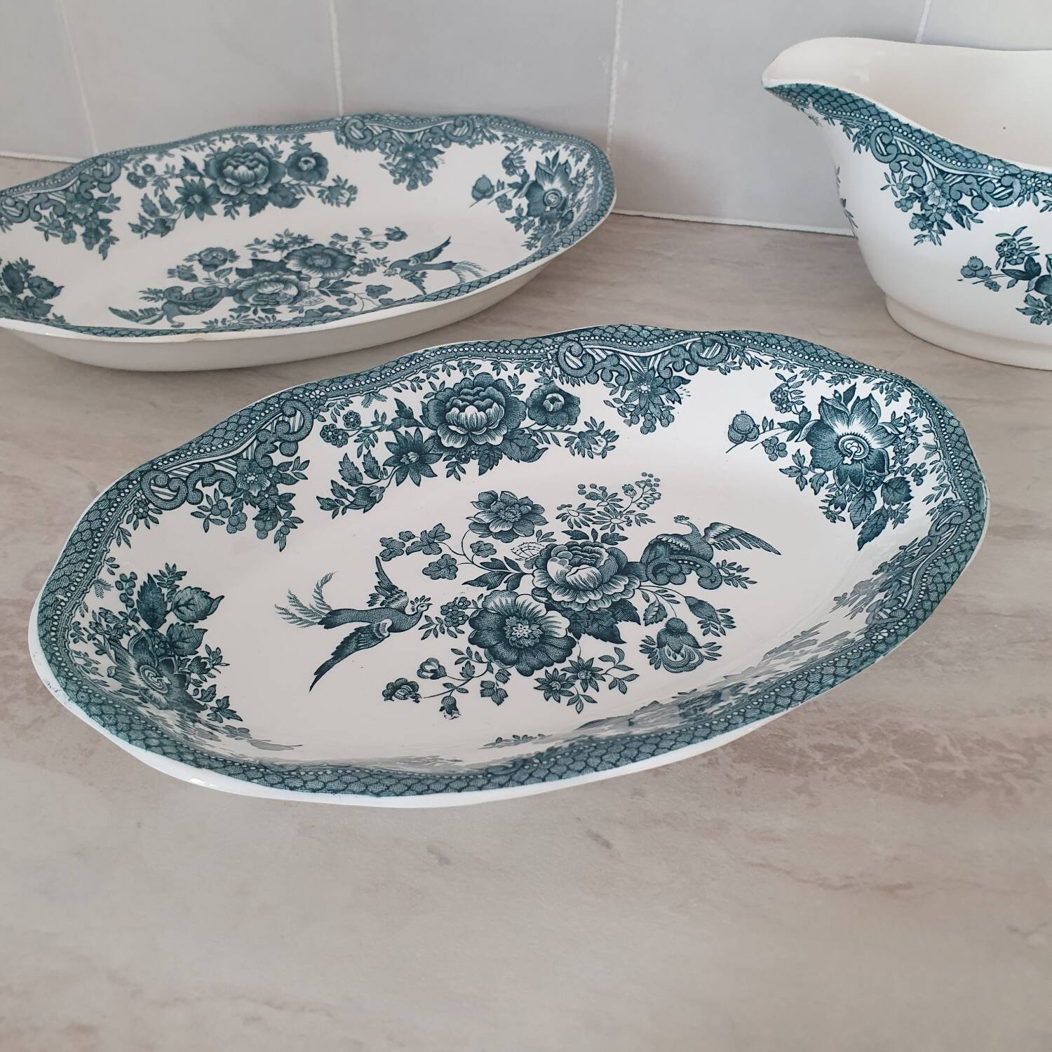 Enoch Wedgewood "Asiatics Pheasants" style "Earth" serving dishes and gravy boat