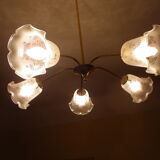 Gilded metal chandelier, 5 branches, opaque glass cupola - 60s/70s