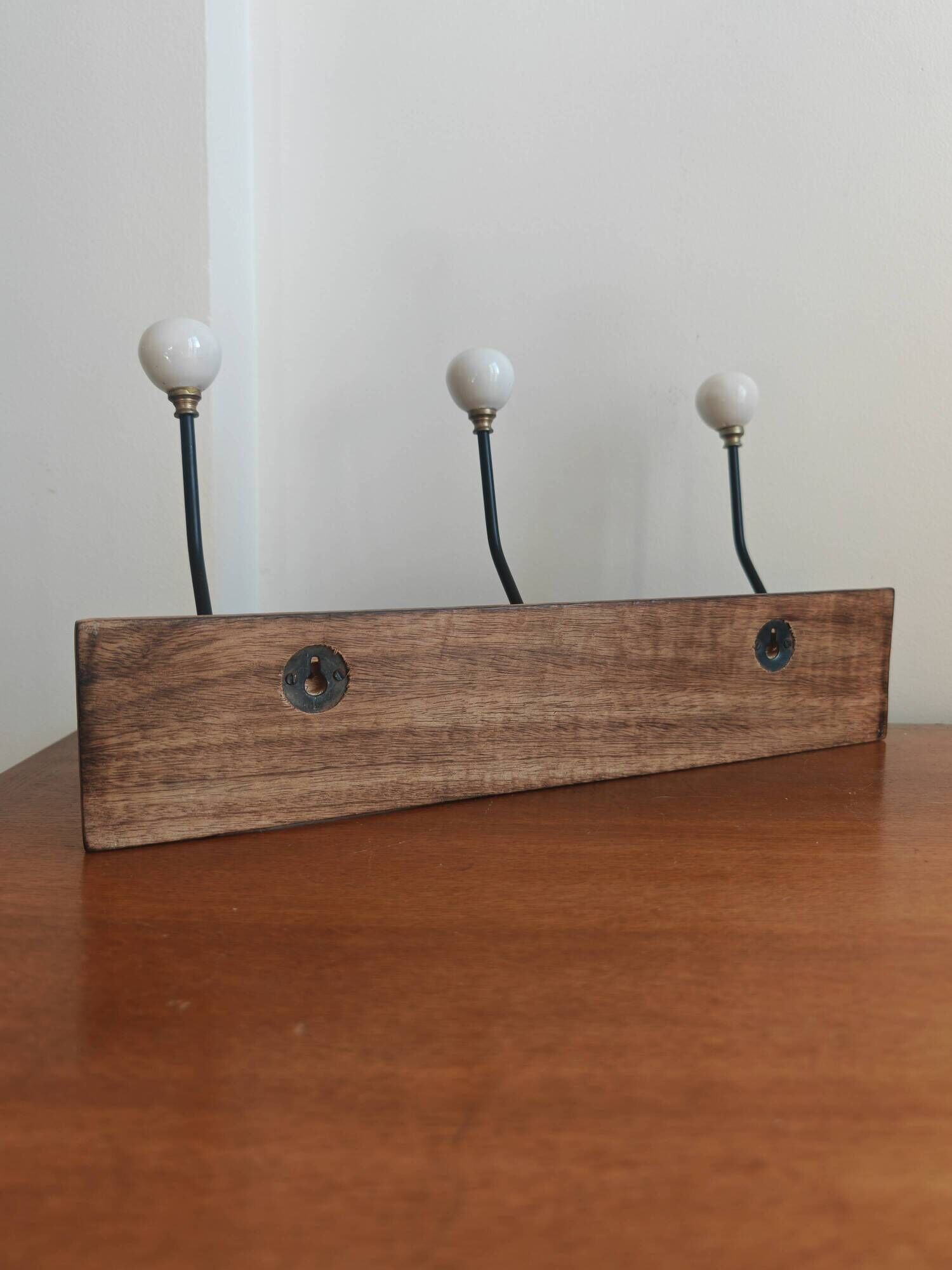 Vintage wooden and white ceramic coat rack – 3 hooks