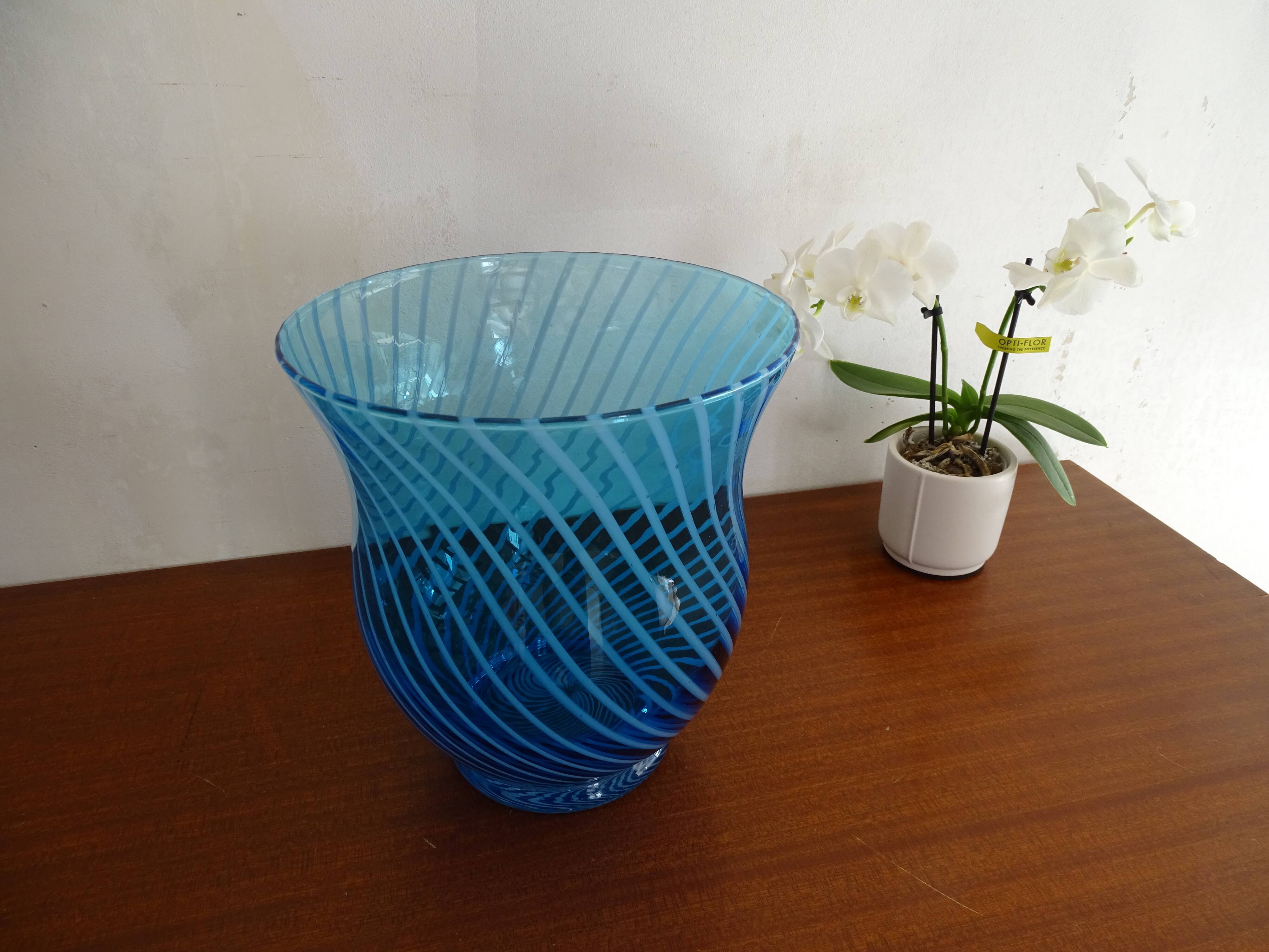 Blue spiral blown glass vase