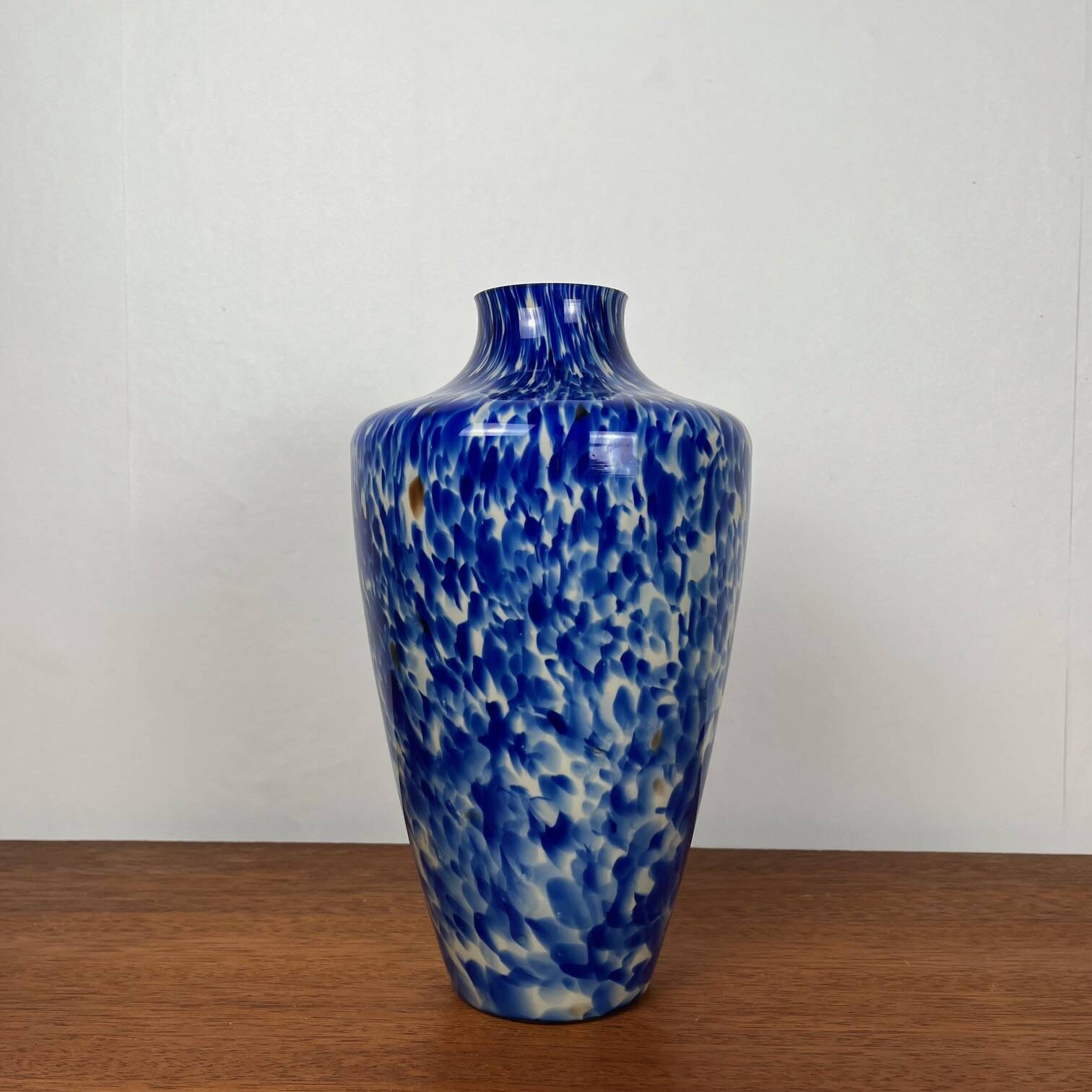 Blown glass vase with cobalt blue and white speckled effect, double walls