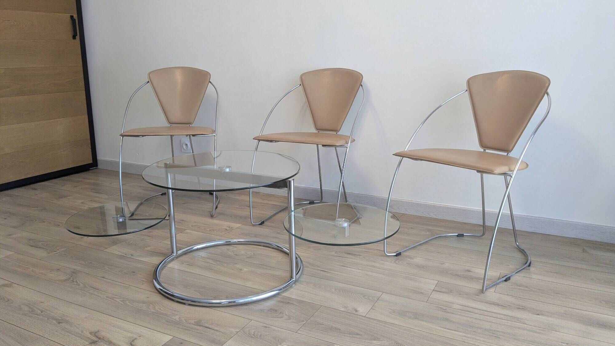 Set of 3 Linda chairs by Arrben – beige faux leather and chrome steel – 1980s