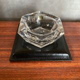 Ancien Cendrier Val St Lambert Cristal + Support Cuir Le Tanneur + Boîte
