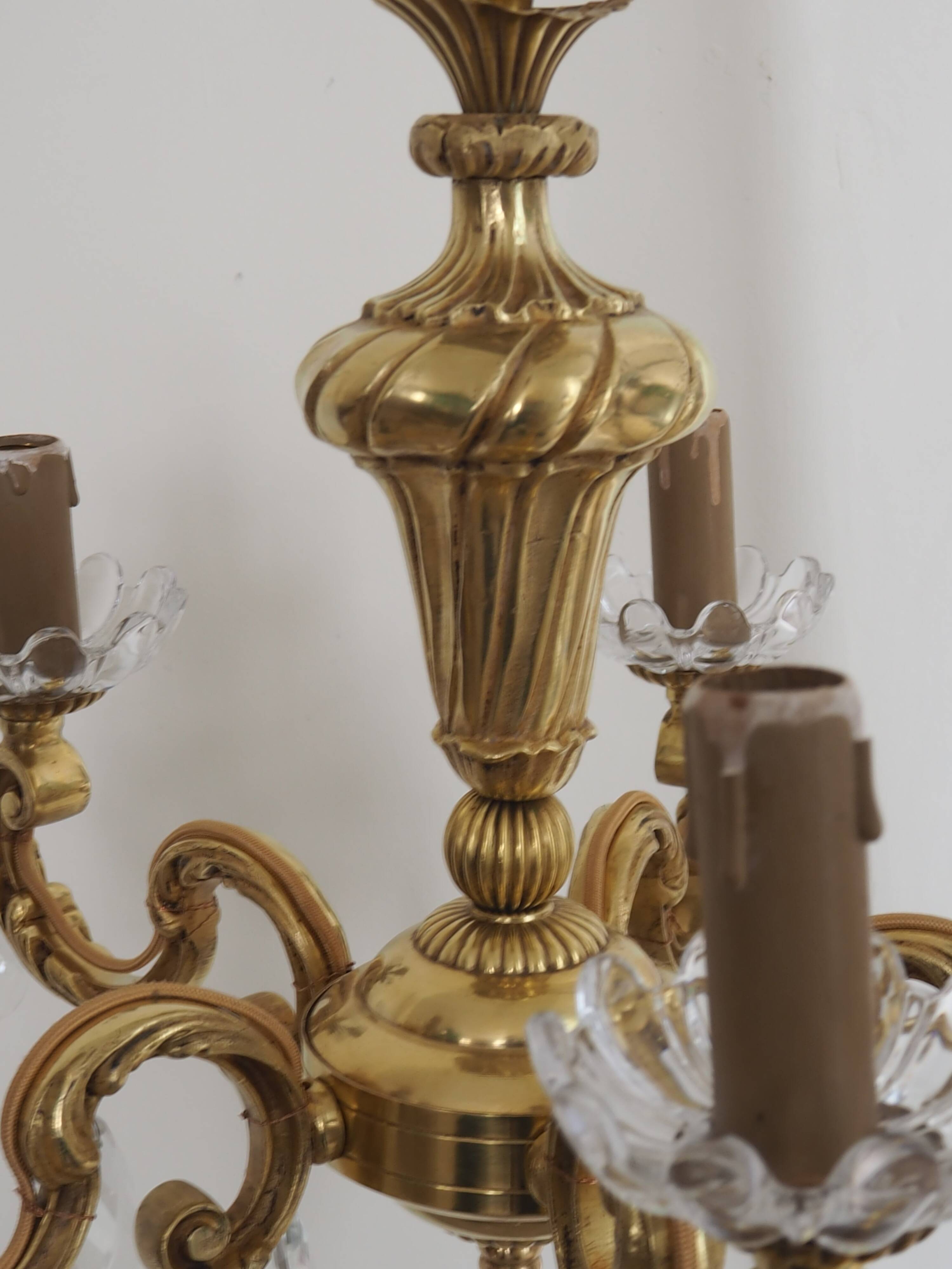 Solid bronze chandelier with crystal pendants and candle holders - Lucien GAU