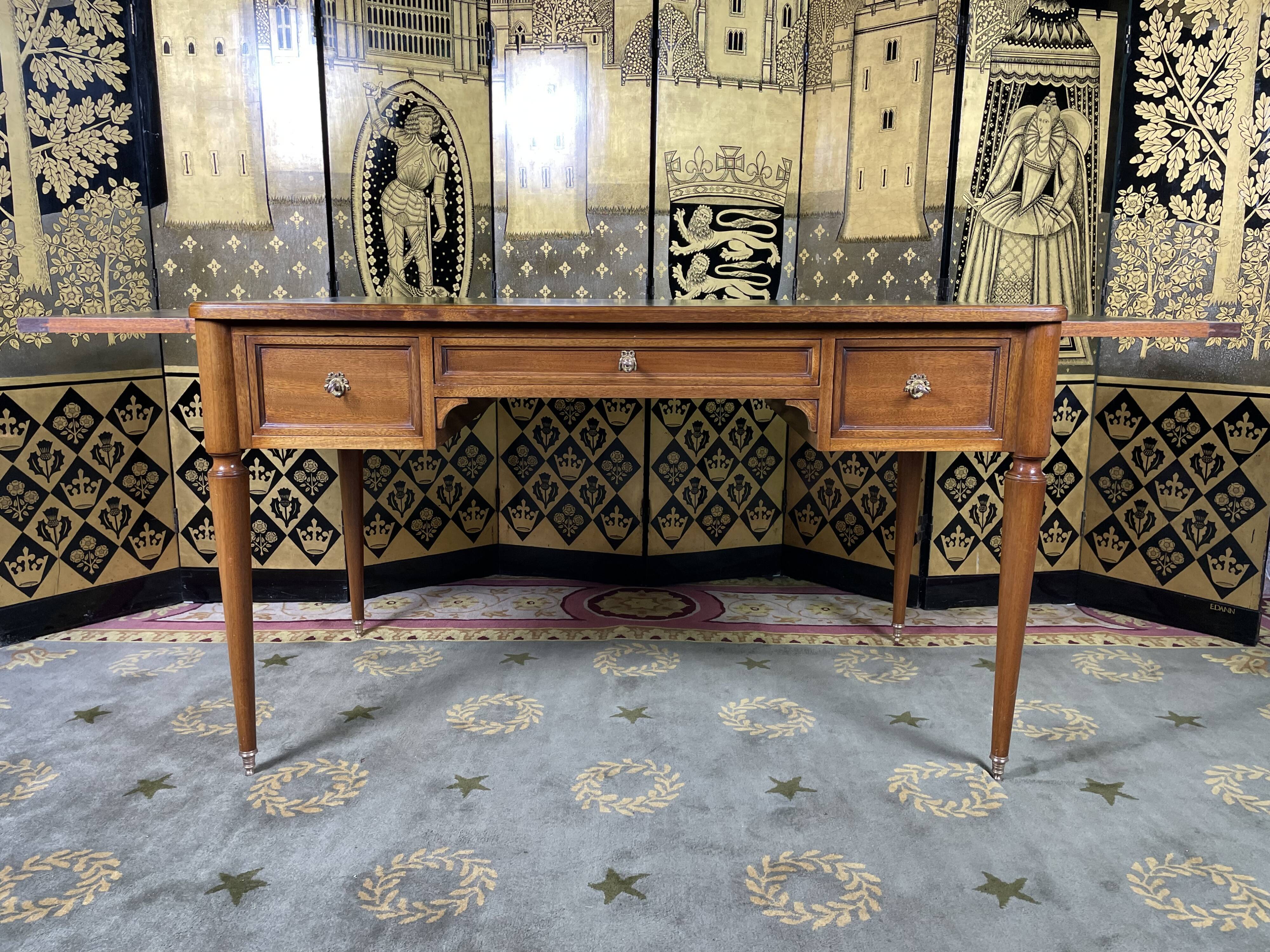 Louis XVI style flat desk in mahogany and green leather