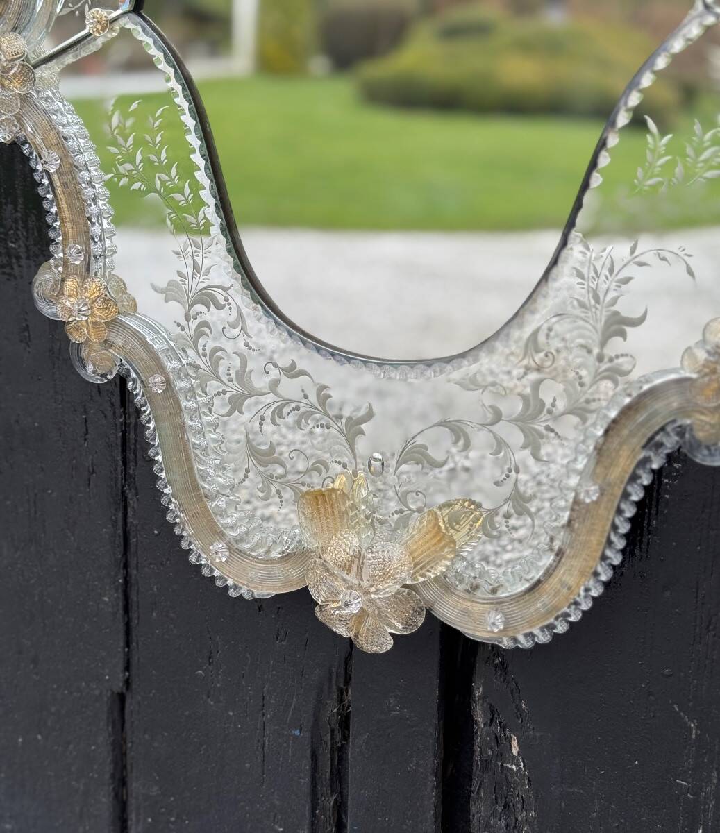 Venetian Murano Glass Mirror, Gilded with Fine Gold, Engraved Mirror, Circa 1950