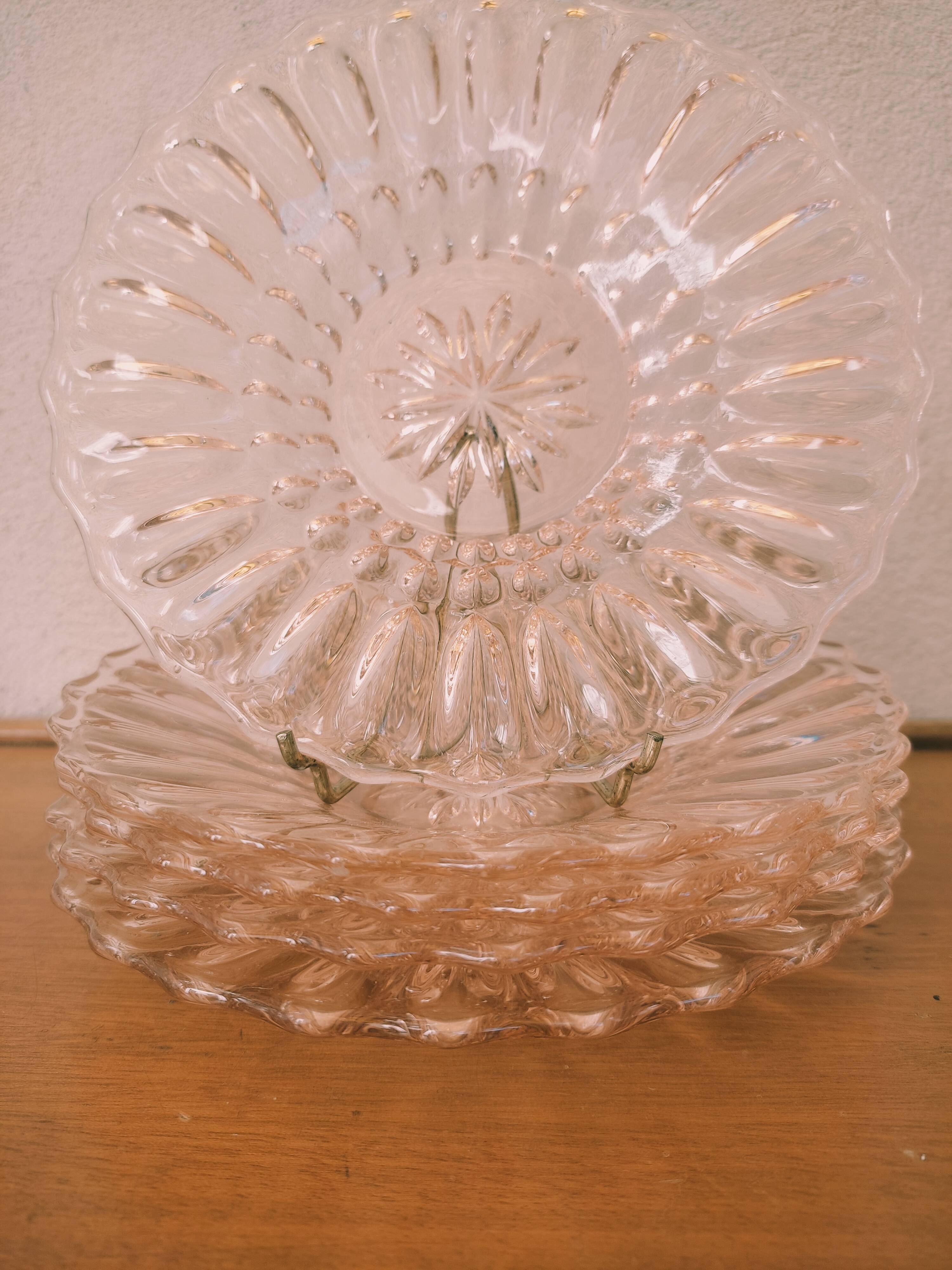 5 pink glass dessert plates