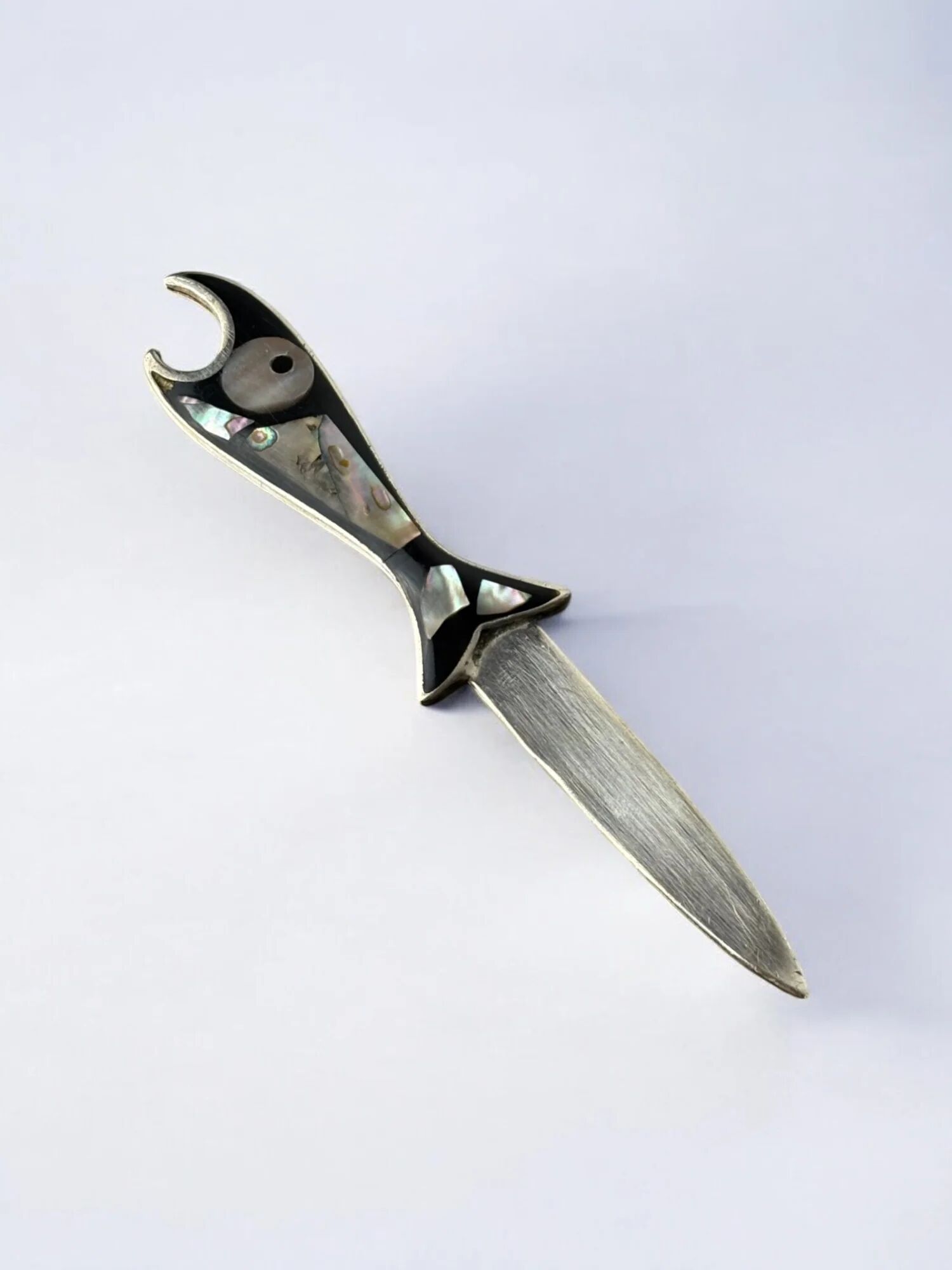 Fish letter opener, abalone shell & alpaca, Mexico, 1980s