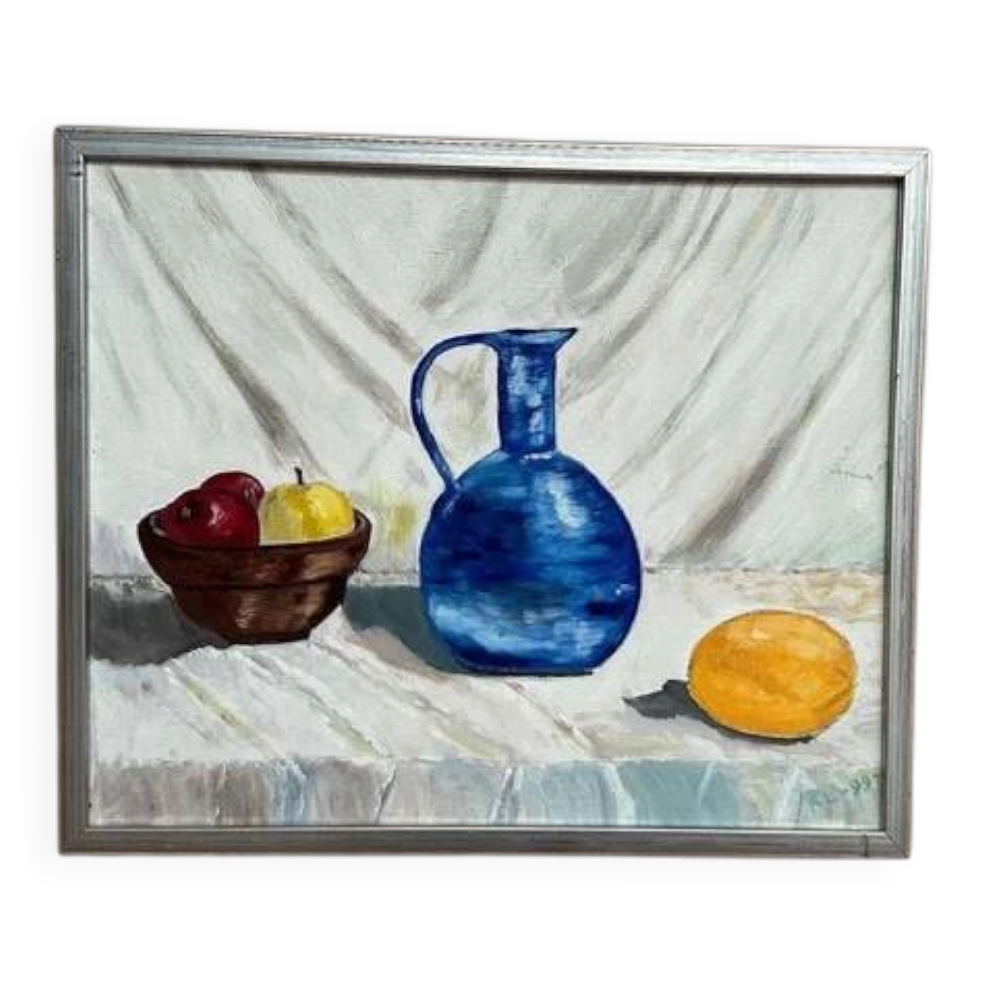 Huile sur toile "Nature morte avec bouteille bleue" par inconnu, vintage et encadrée.