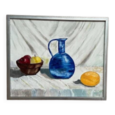 Huile sur toile "Nature morte avec bouteille bleue" par inconnu, vintage et encadrée.