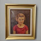 Oil on canvas gilded wooden frame old portrait of a young girl classic