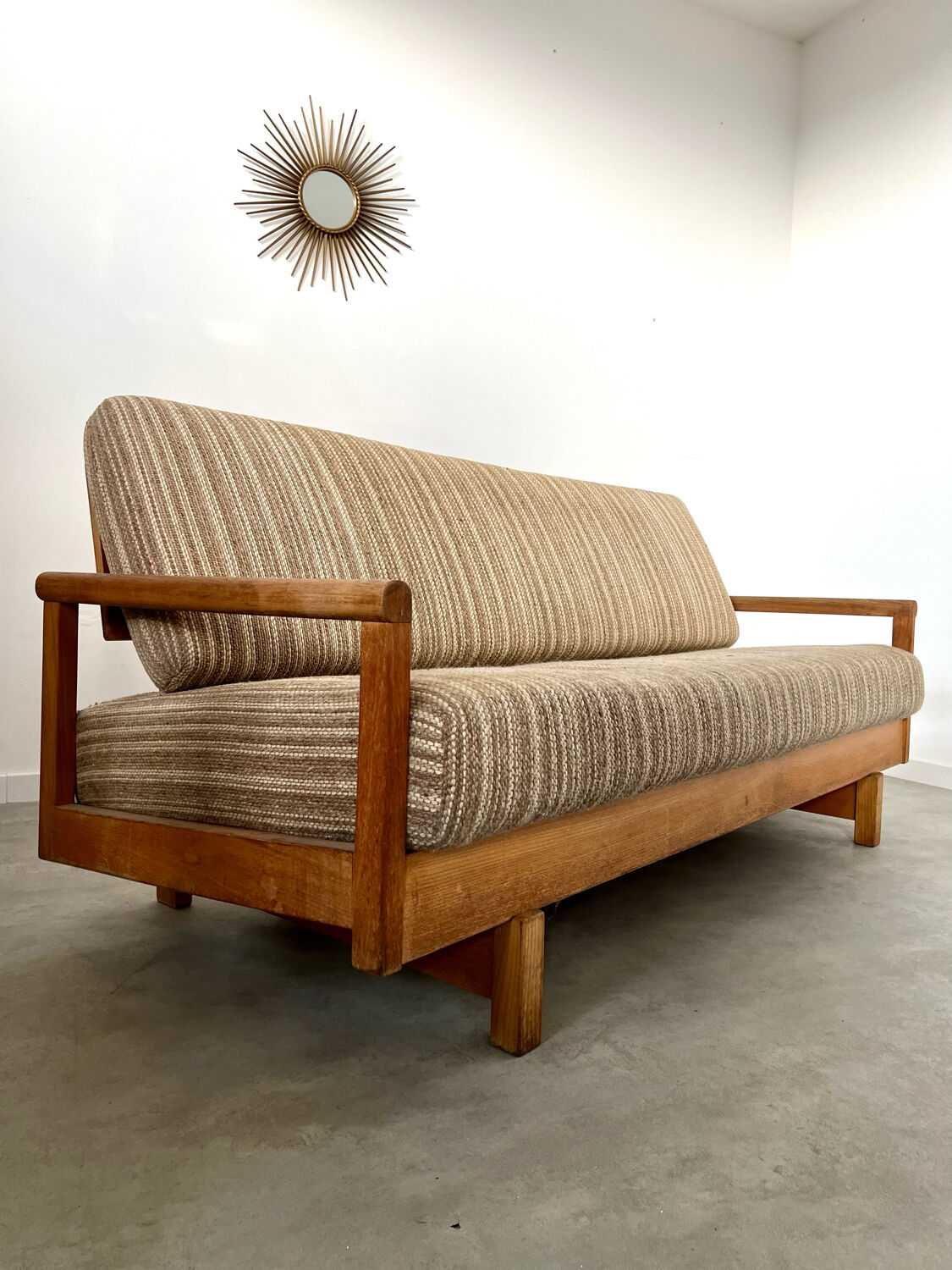Old wooden sofa vintage brutalist design 60s