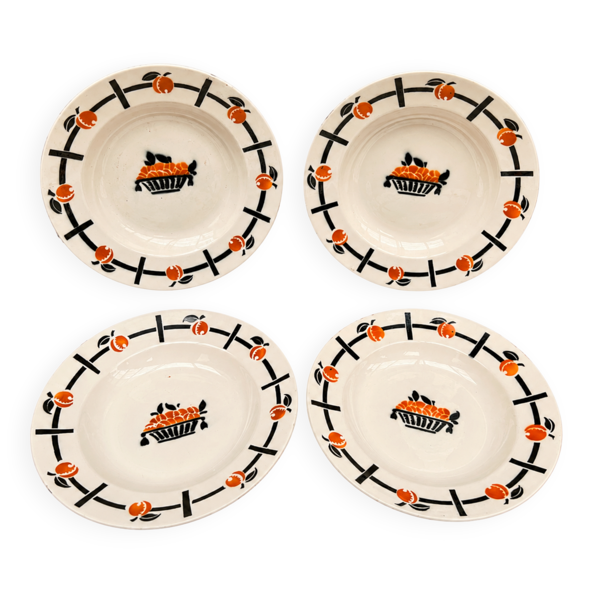 4 deep plates Badonviller Art Deco design in black and orange – 1930s