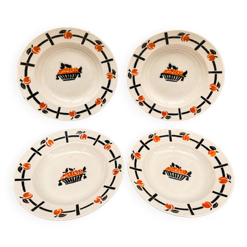 4 deep plates Badonviller Art Deco design in black and orange – 1930s