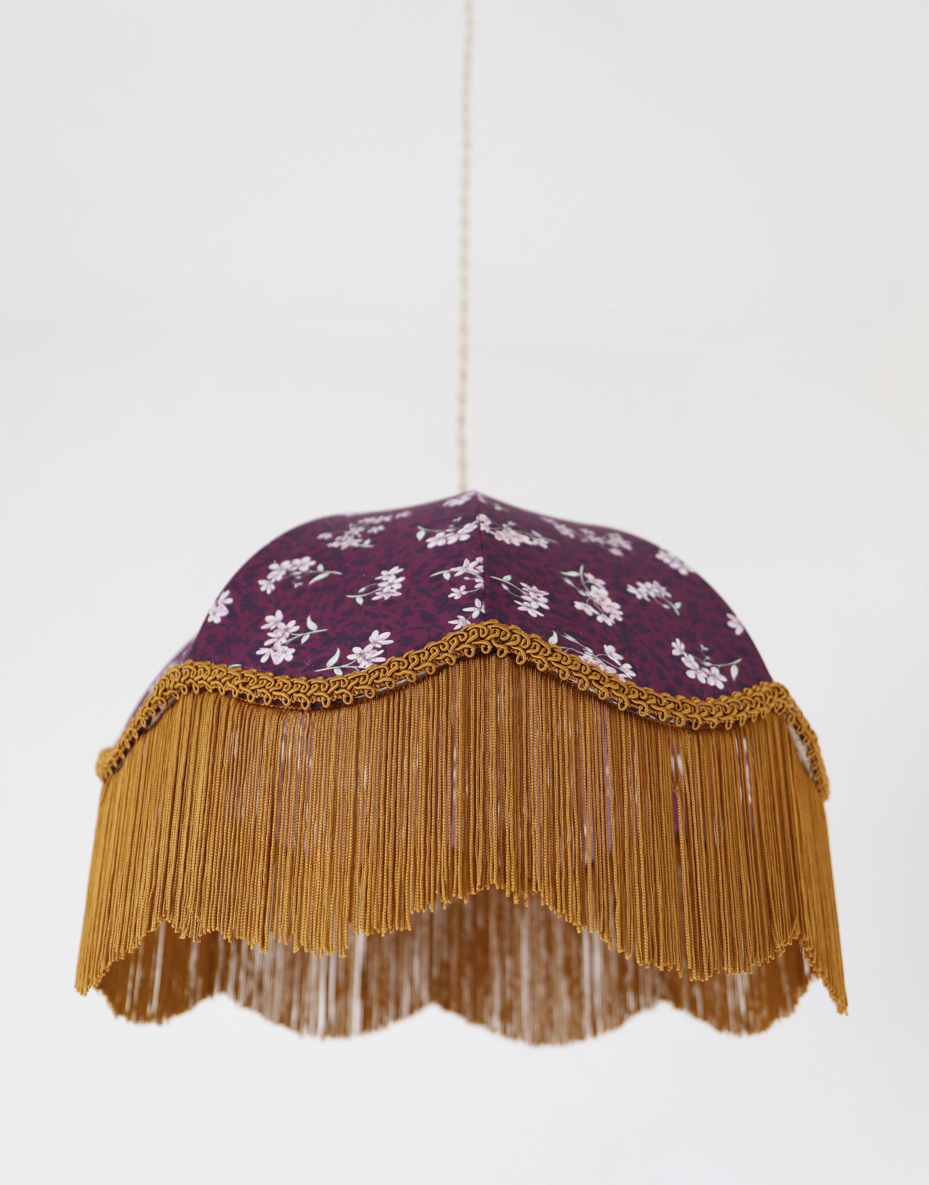 60s-70s pendant light, liberty print umbrella with fringes