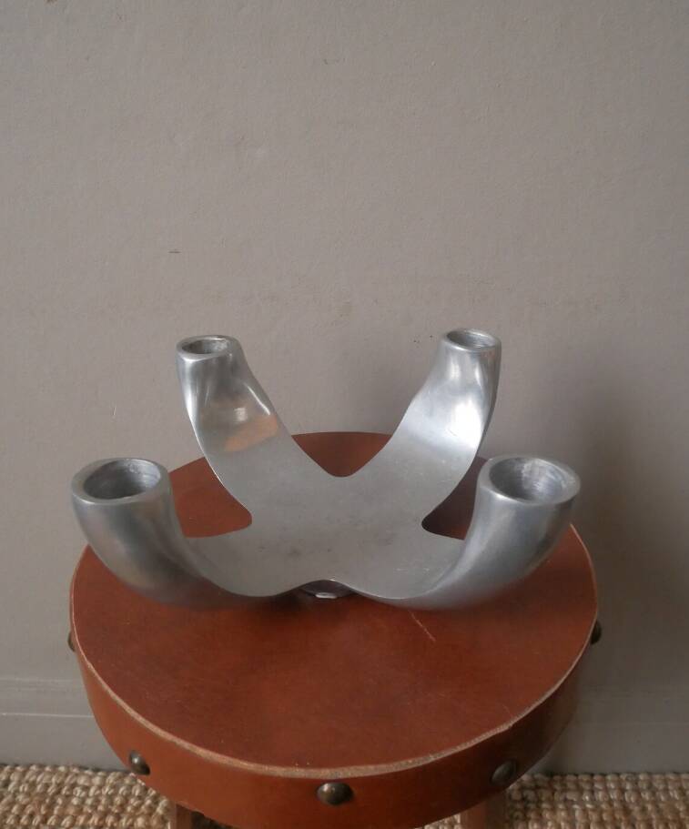 candle holder candlestick candelabra in aluminum silver metal Scandinavian decorative object